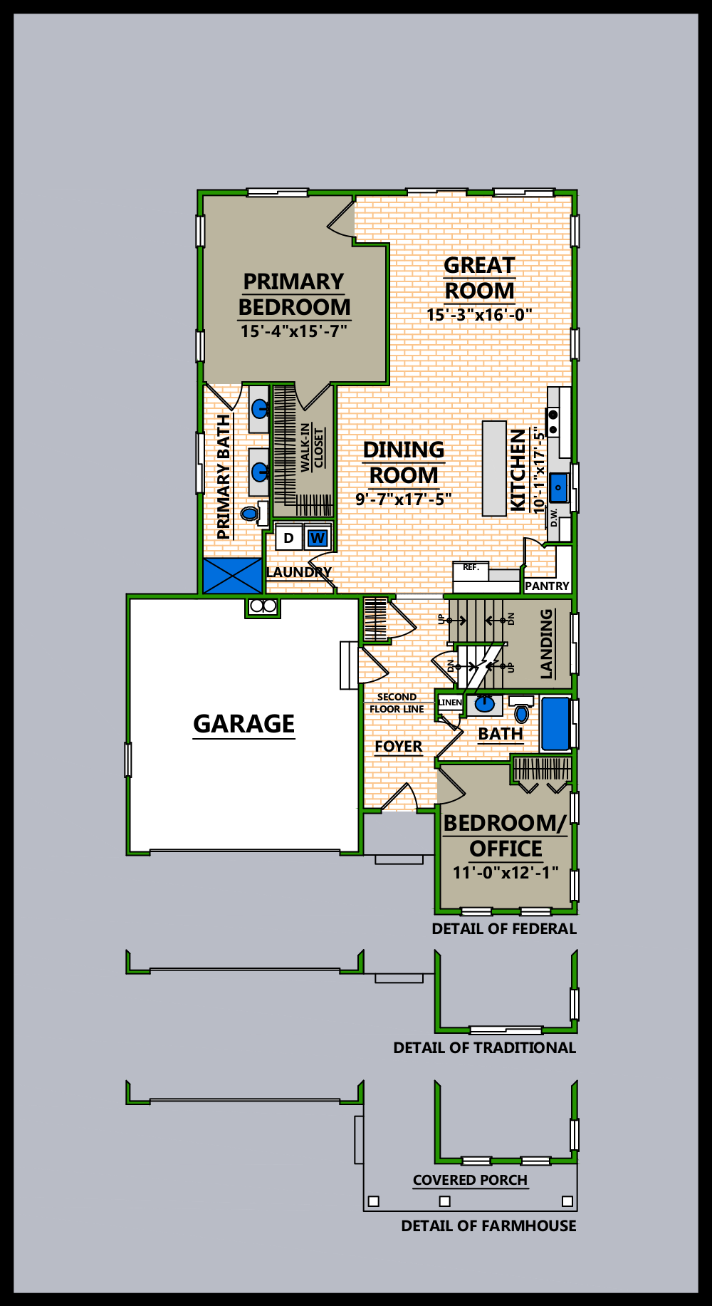A floor plan of a house with a two car garage