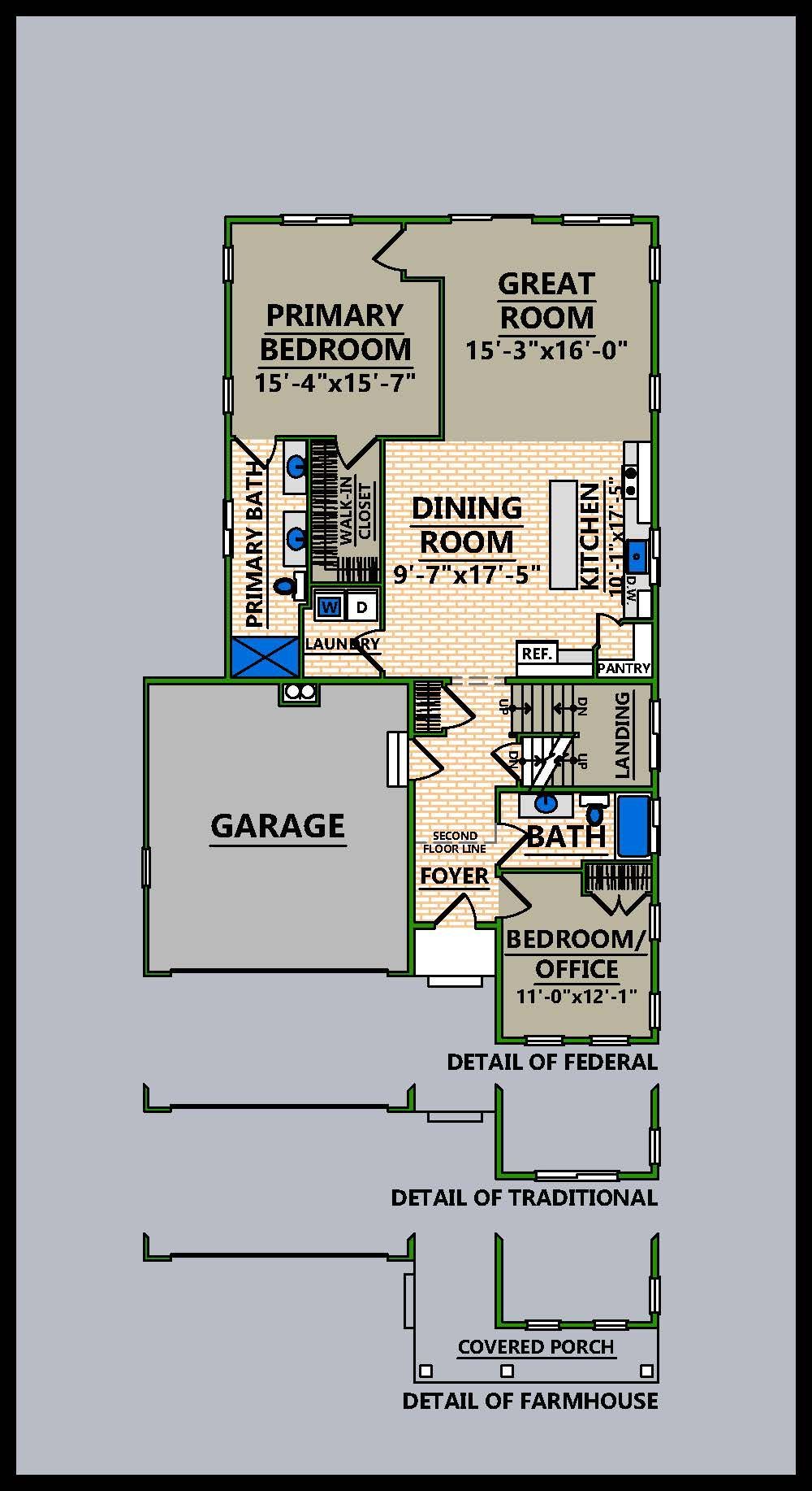 A floor plan of a house with a two car garage