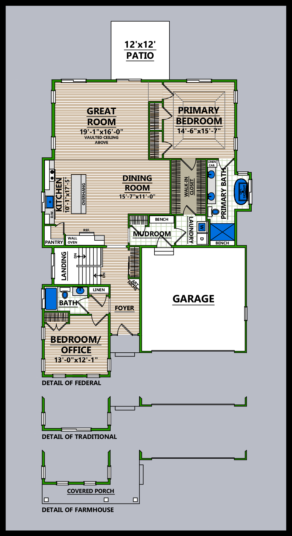 A floor plan of a house with a two car garage