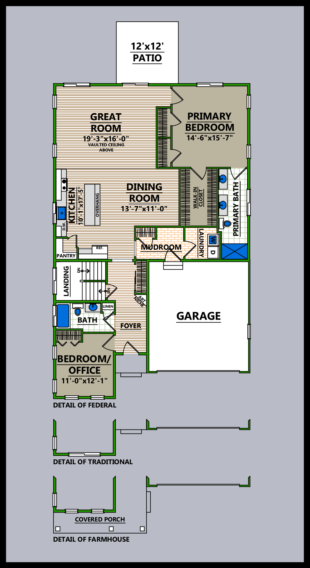 A floor plan of a house with a two car garage