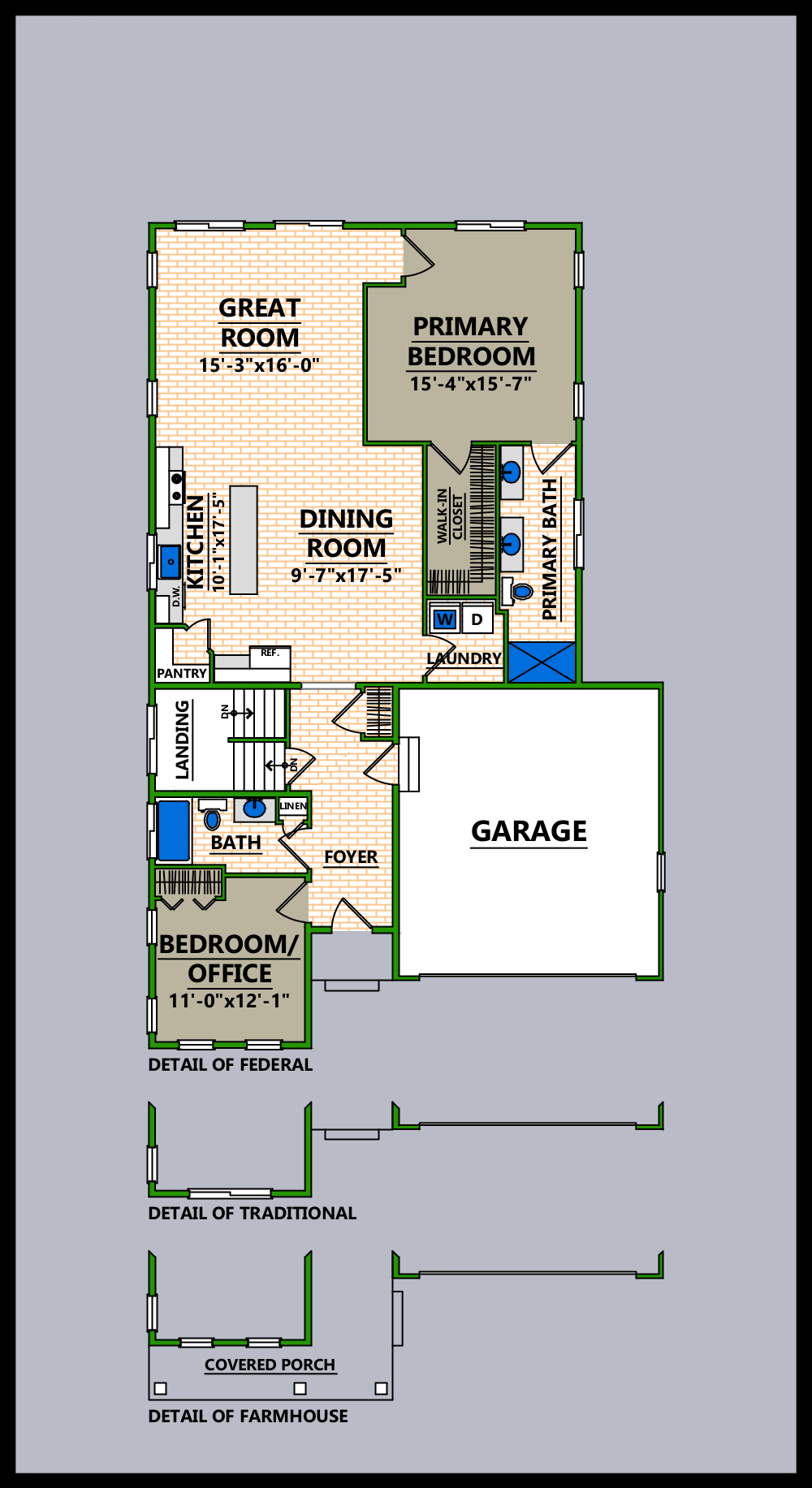 A floor plan of a house with a two car garage