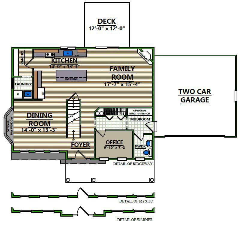 A floor plan of a house with a family room and two car garage
