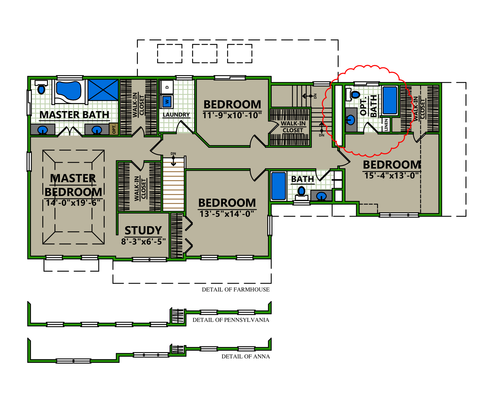 A floor plan of a house with bedrooms and bathrooms