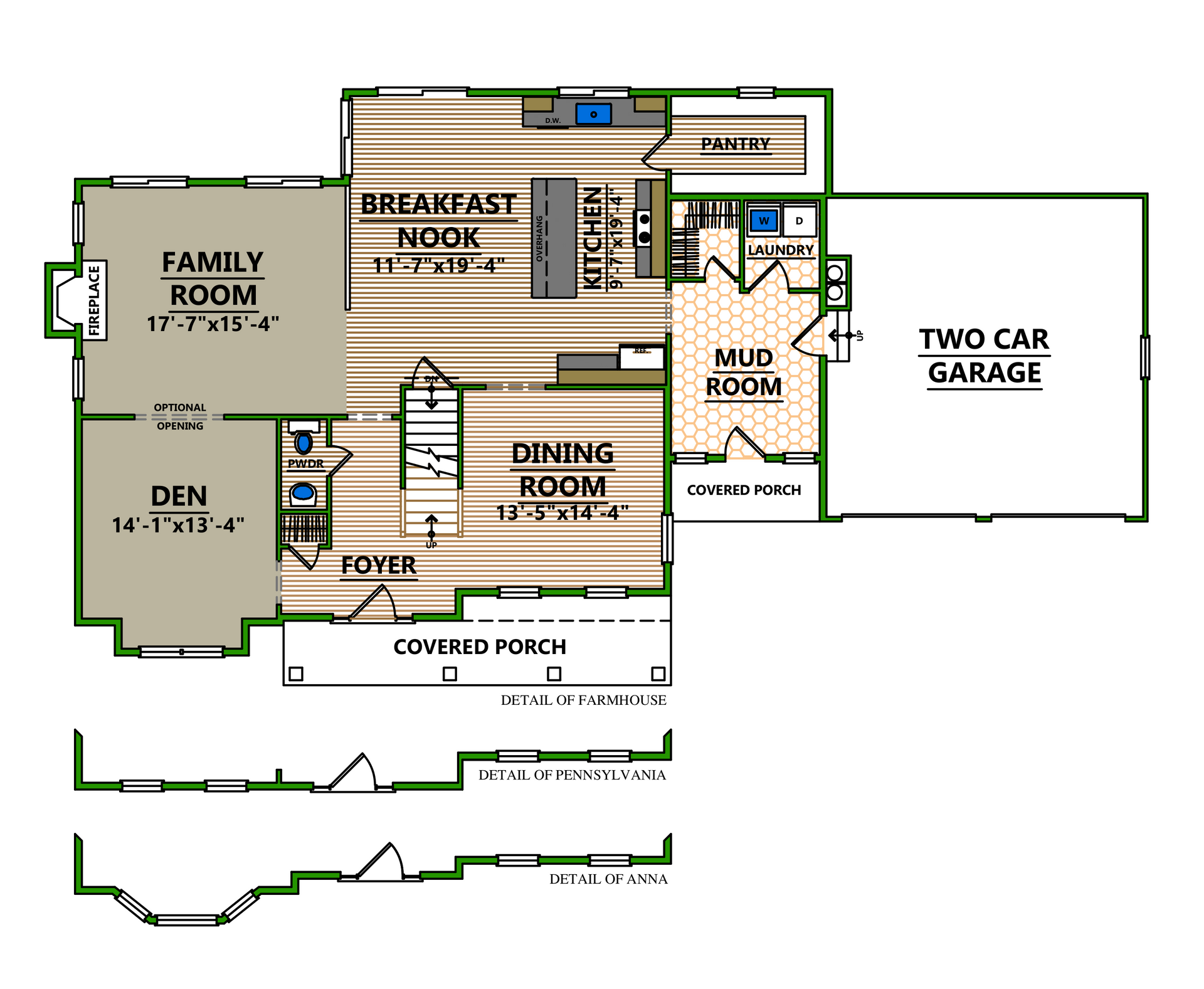 A floor plan of a house with a family room and a two car garage