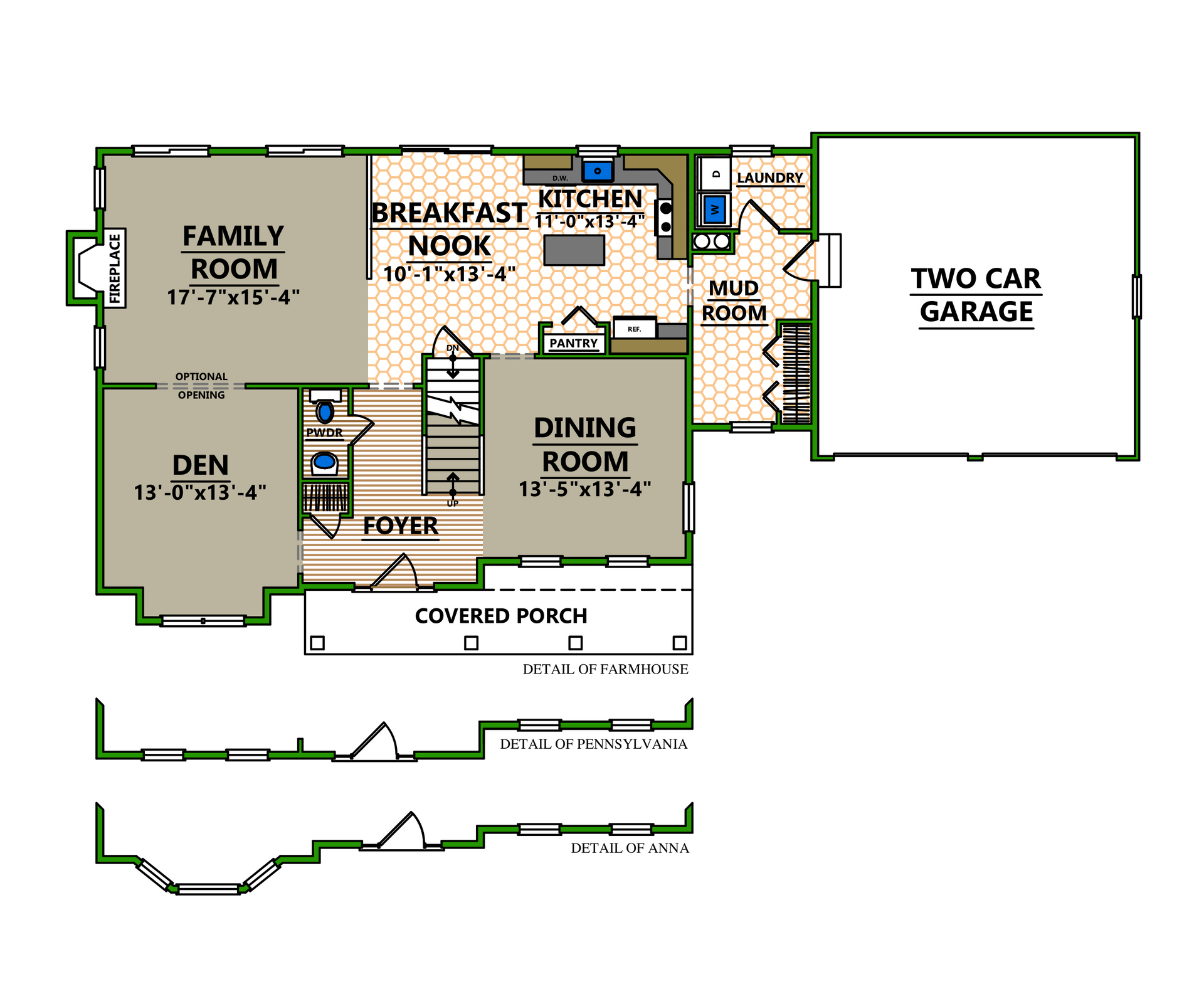 A floor plan of a house with a family room and dining room