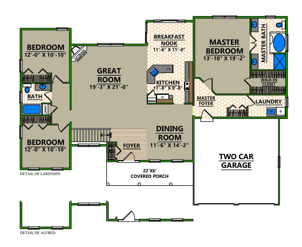 A floor plan of a house with a two car garage