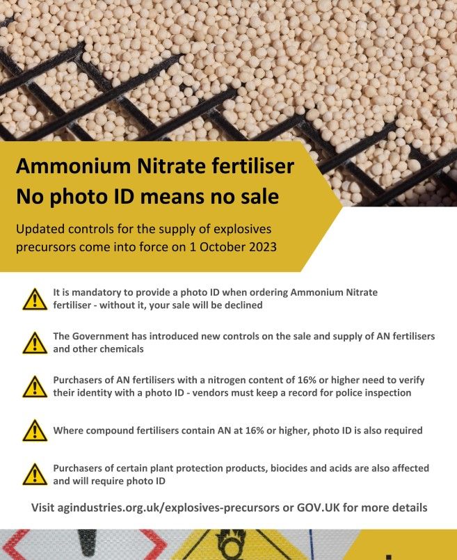a poster that says ammonium nitrate fertiliser no photo id means no sale