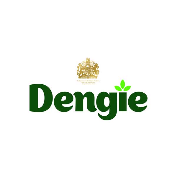 a green and gold logo for dengie with a coat of arms