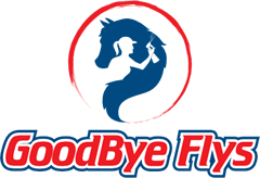 the logo for goodbye flys shows a woman grooming a horse .