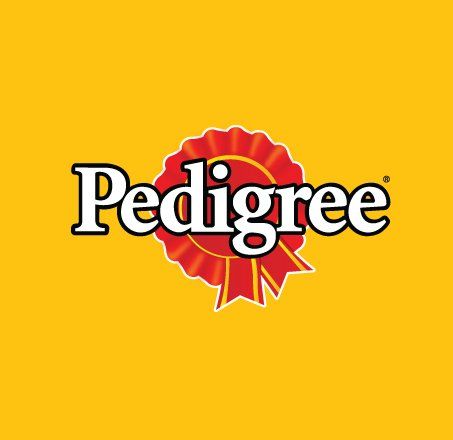 the pedigree logo is on a yellow background with a red ribbon .