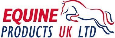 the logo for equine products uk ltd shows a horse jumping in the air .