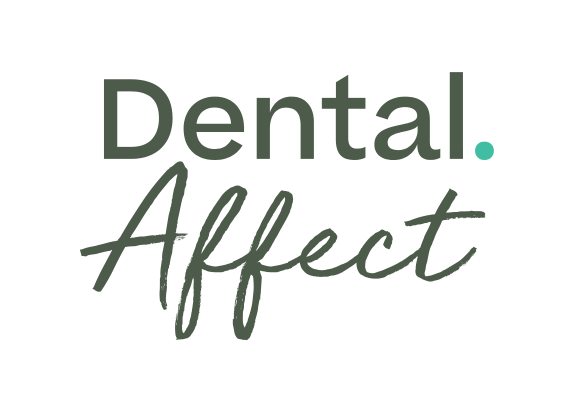 A logo for dental affect with a green background.