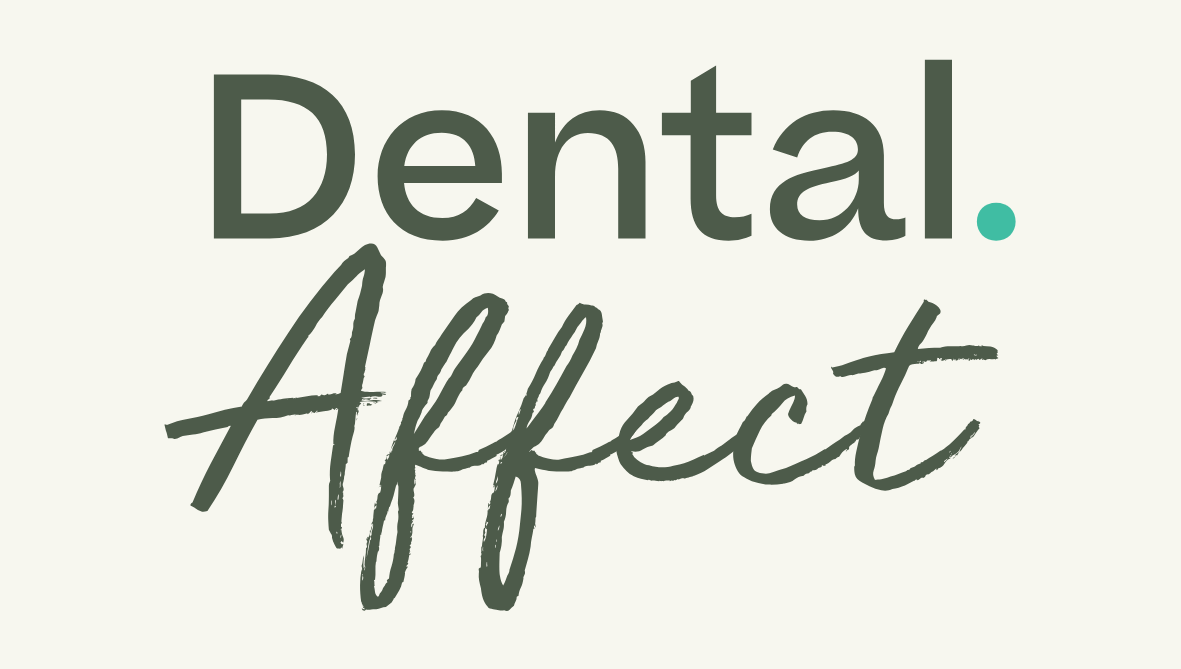 A logo for dental affect with a green background.