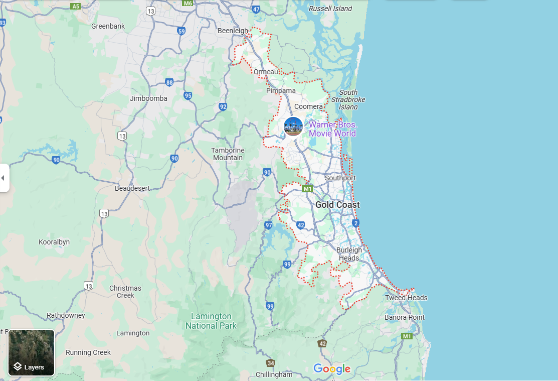 Map of the Gold Coast, Australia, showing highways, rivers, and coastal area along the Pacific Ocean.