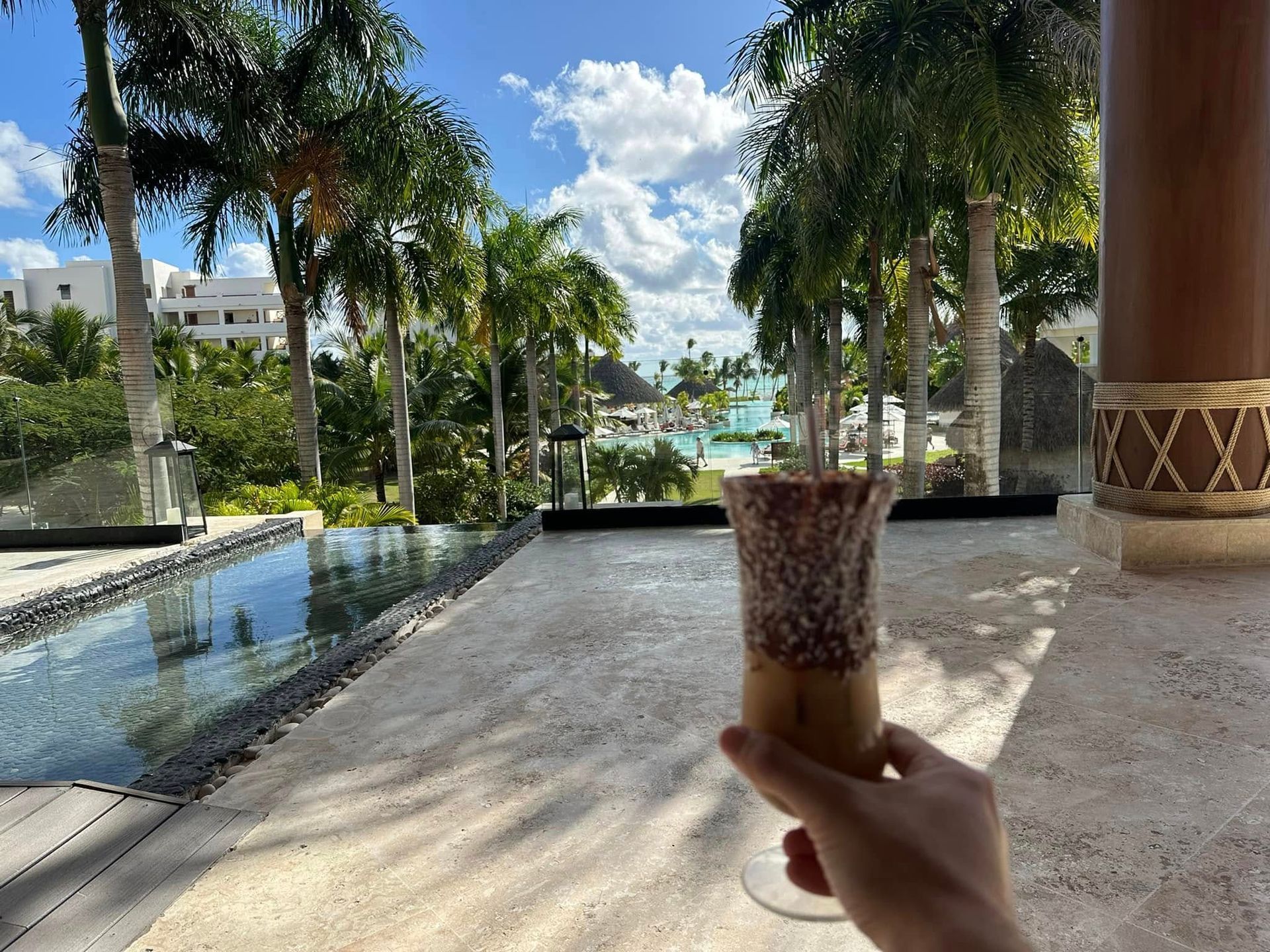 Hand holding a glass under a sunny resort patio with palm trees, a pool, and ocean view