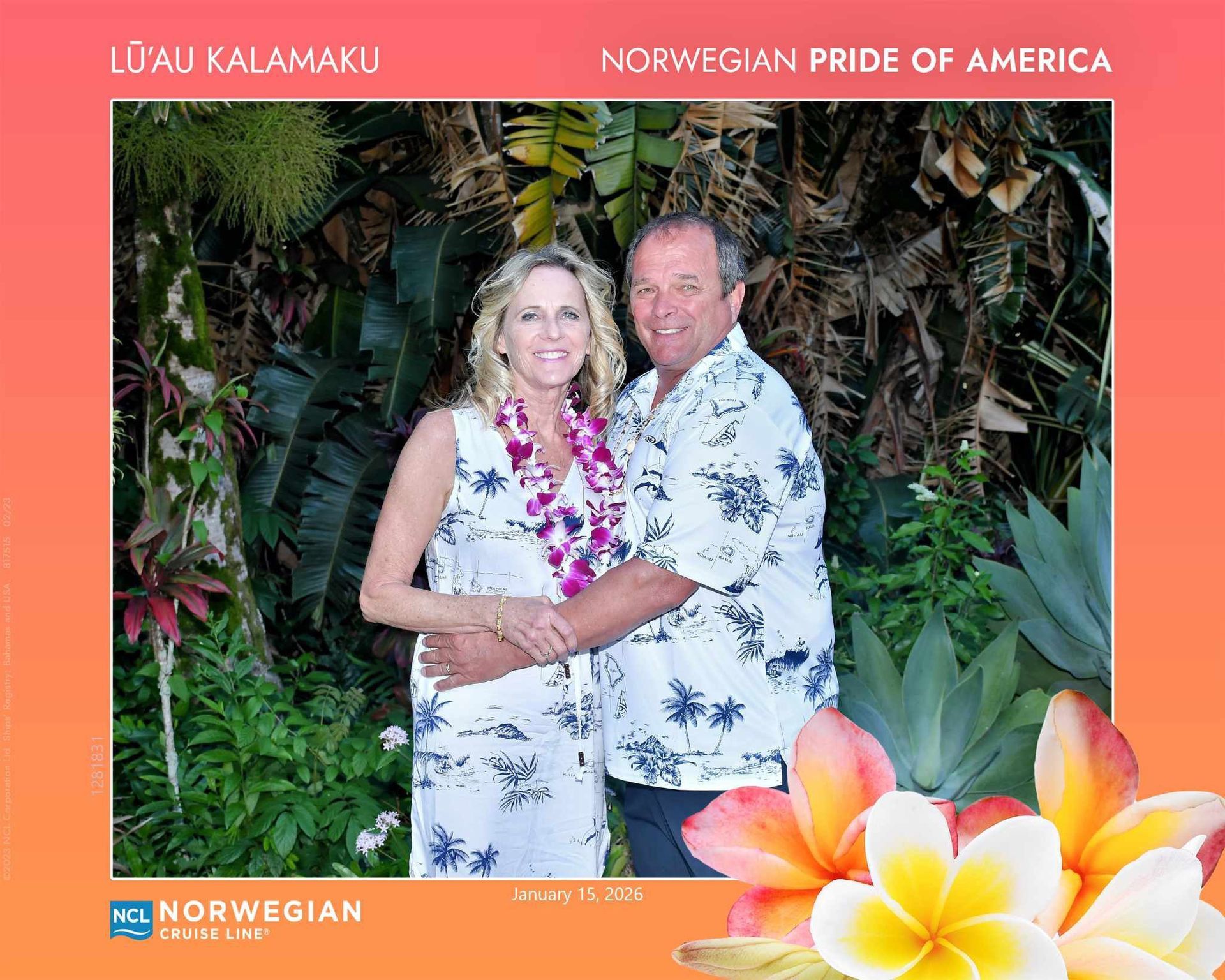 Couple posing together in a tropical garden, framed by flowers and palm leaves, with Norwegian branding.