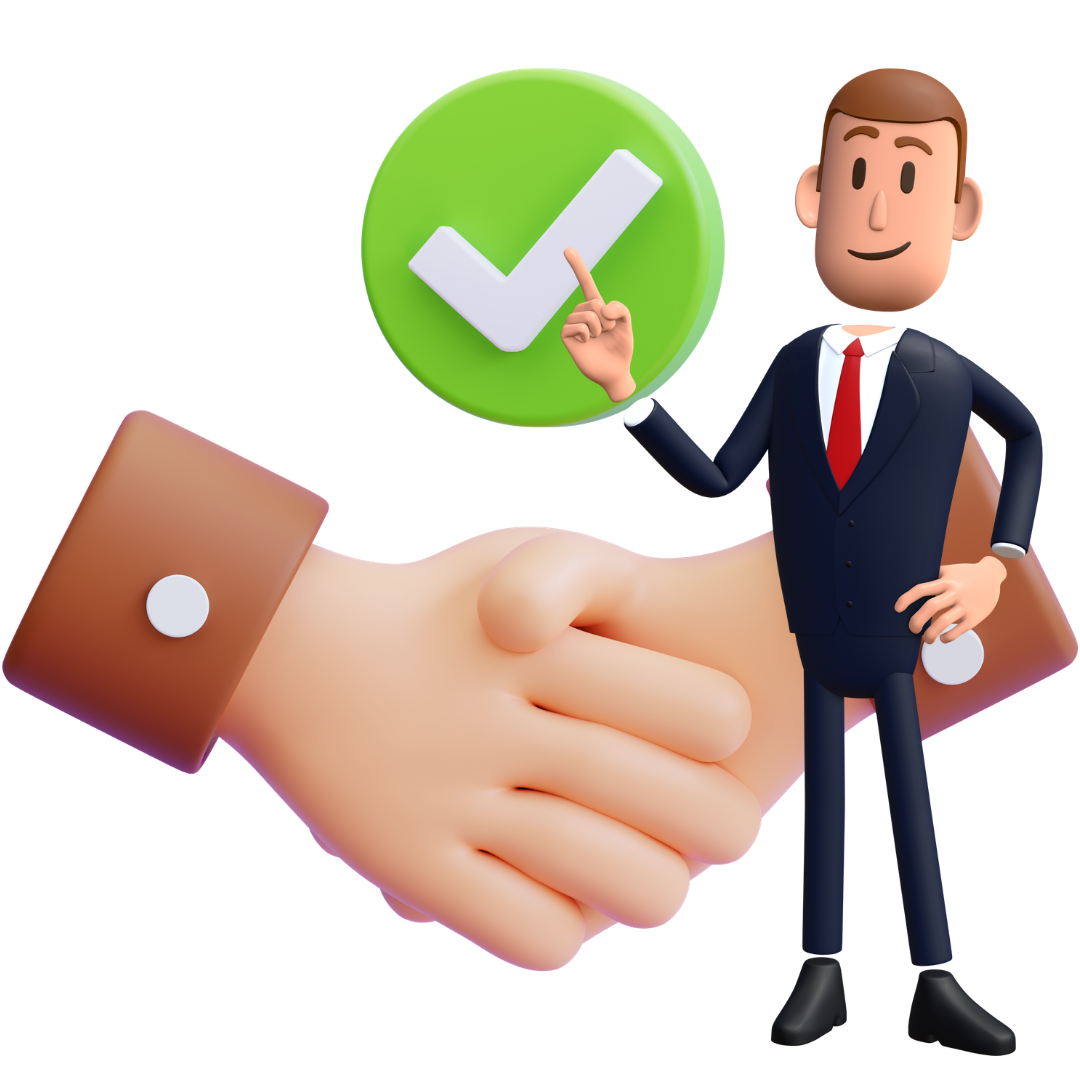 Empresário apontando para o ícone de visto verde sobre o aperto de mãos.