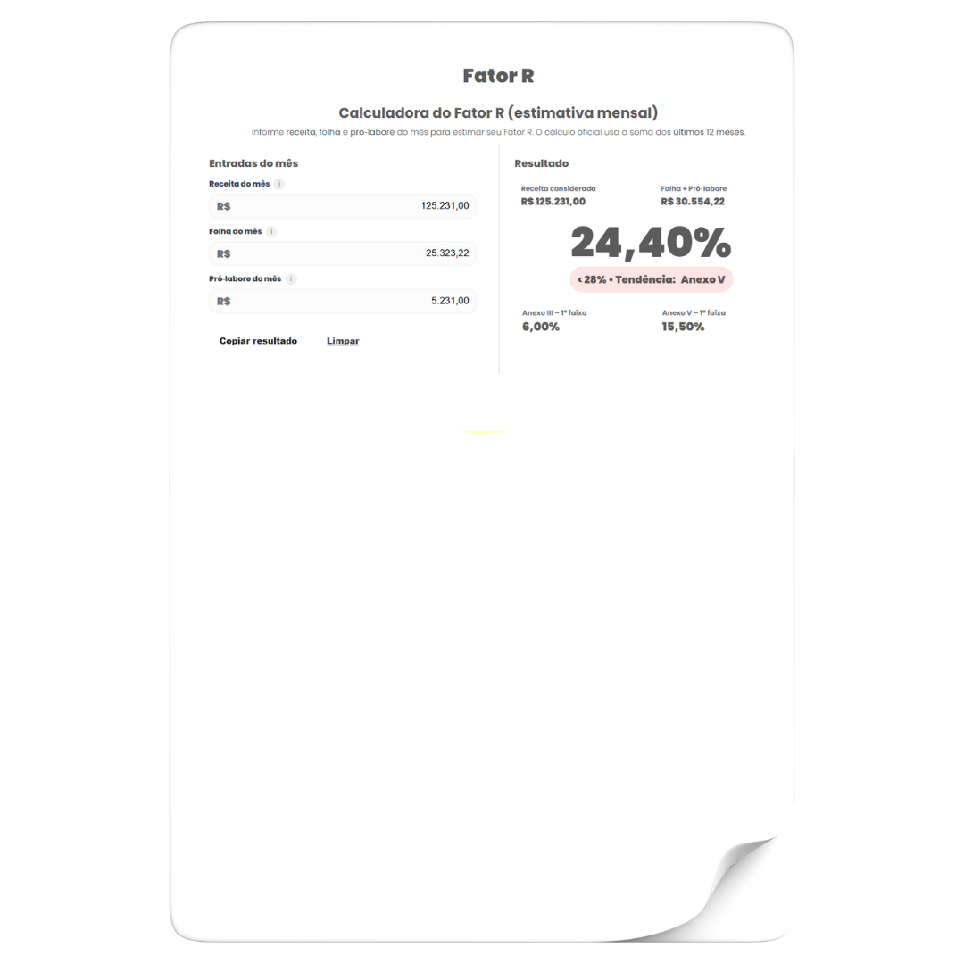 Calculadora com dados para FotorR. Exibe 24,40% com texto e campos de entrada.