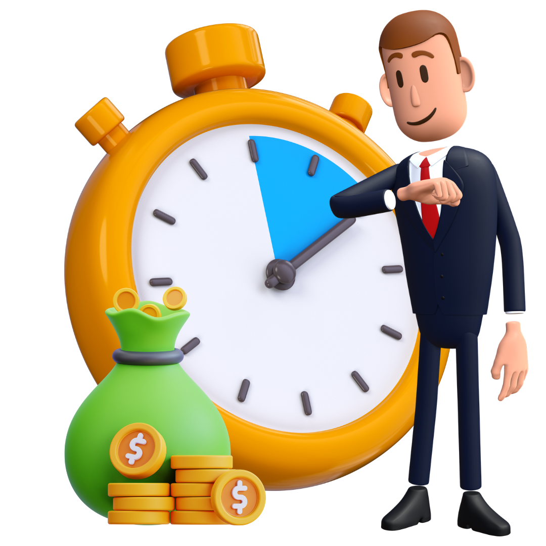 Homem de terno apontando para um relógio ao lado de um cronômetro e uma sacola de dinheiro.