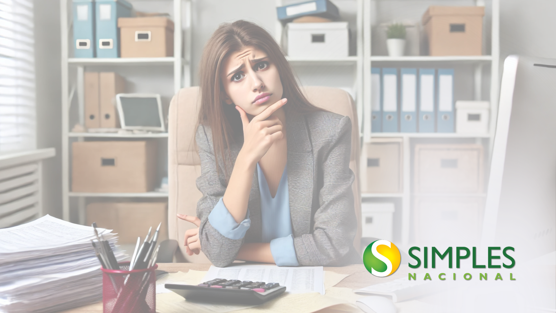 A woman is sitting at a desk in an office with a calculator.