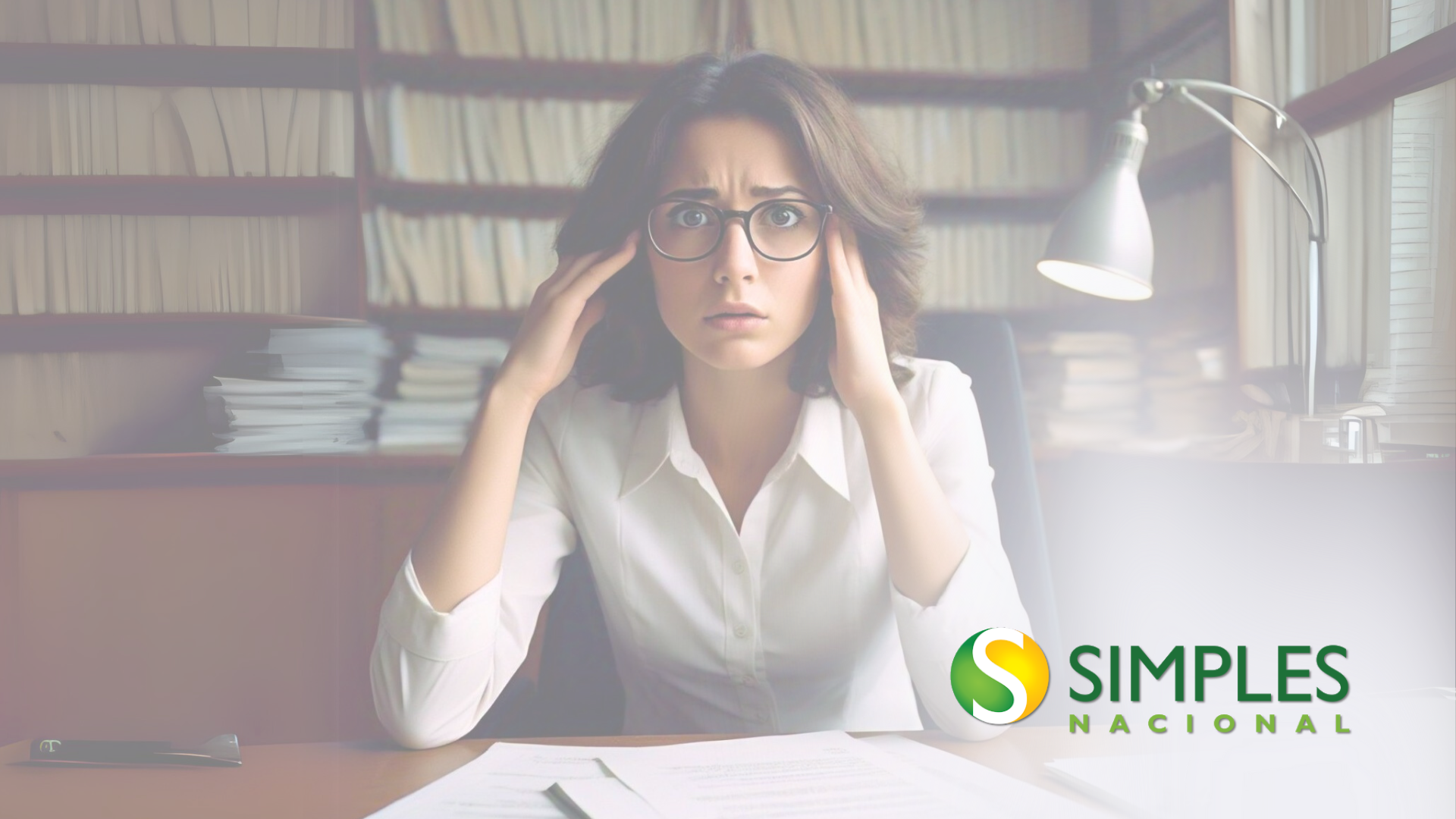 A woman is sitting at a desk with her hands on her head.