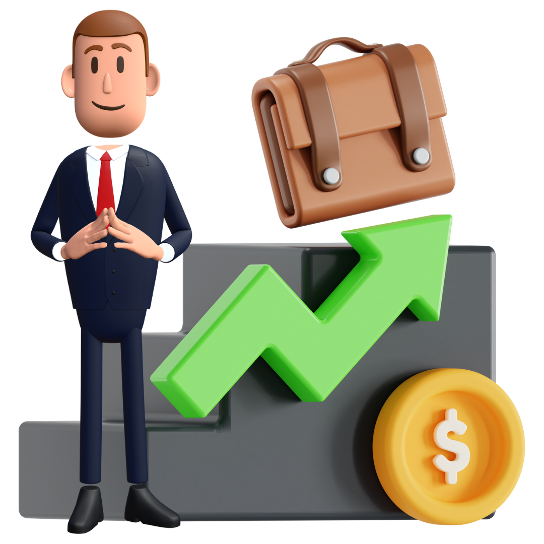 Homem de negócios em pé perto de um gráfico ascendente, uma pasta e uma moeda de um dólar.