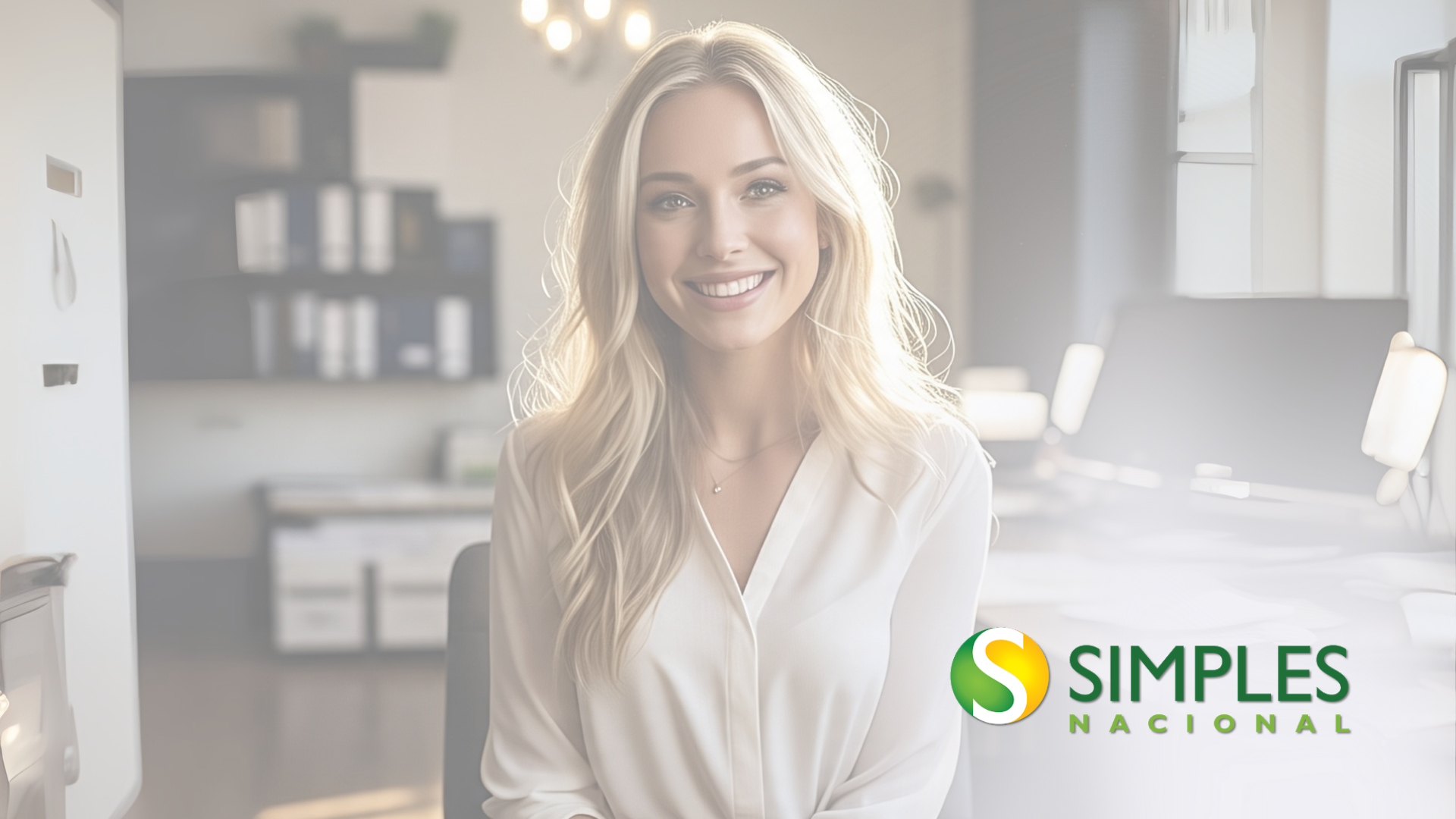 mulher sentada no escritorio com expressão feliz sorrindo