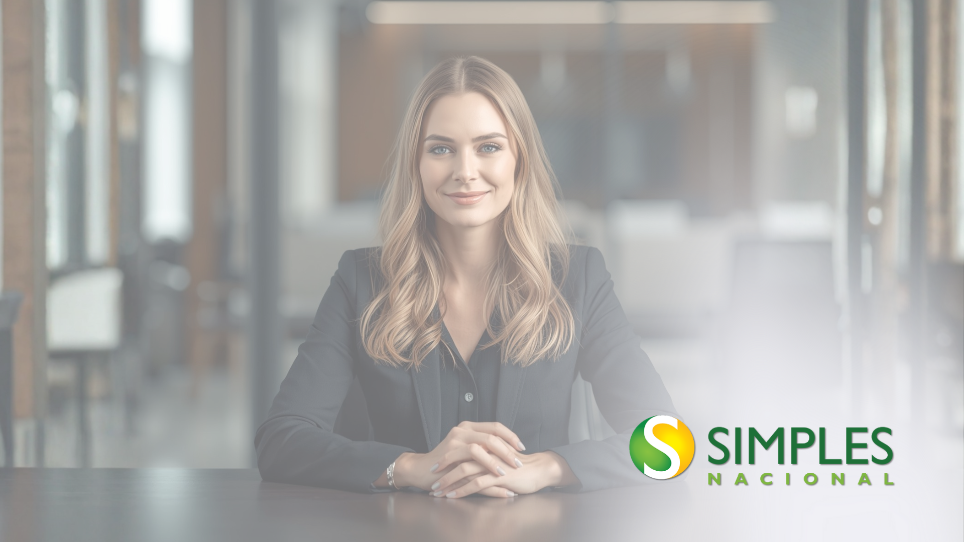 Mulher de blazer sentada à mesa, sorrindo, com o logotipo da Simples Nacional. Ambiente interno de escritório.