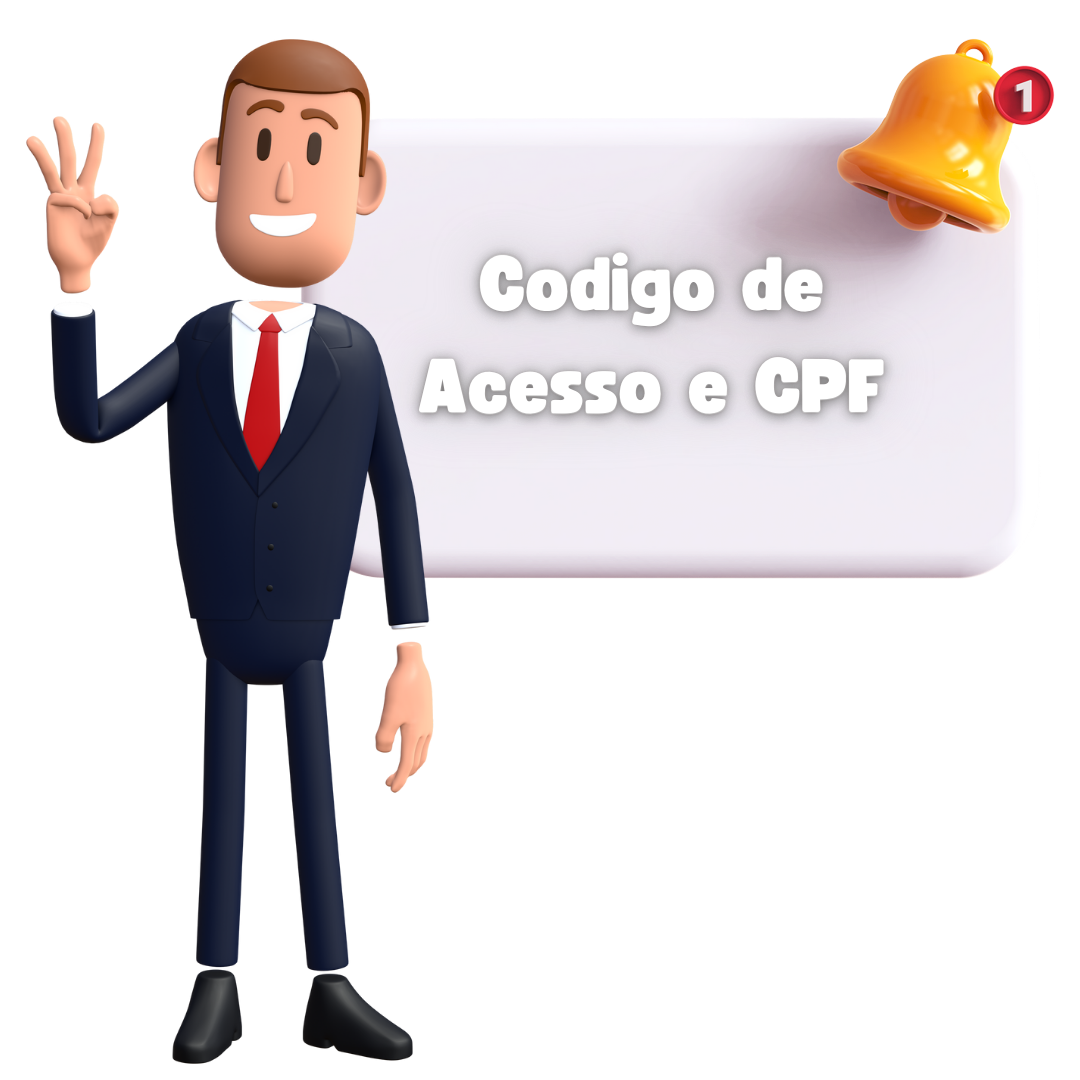 Um homem de terno e gravata está parado ao lado de uma placa que diz codigo de acesso e cpf