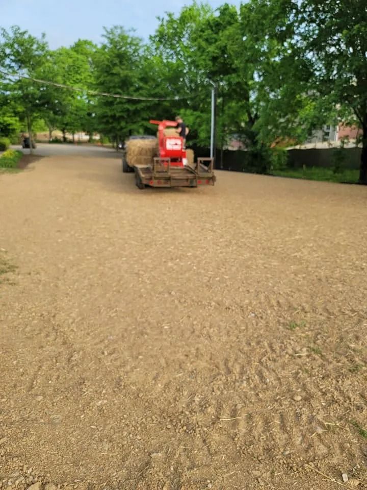 Red hay trailer on a dirt road, trees in the background, overcast day.
