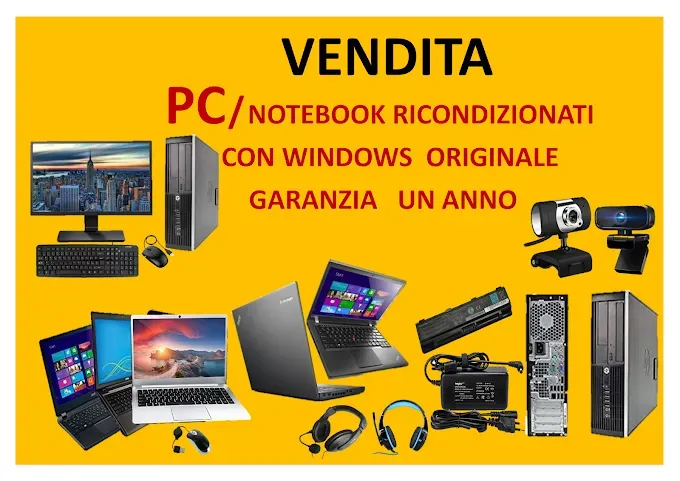 Pubblicità di PC e notebook ricondizionati, con vari modelli, su sfondo giallo.
