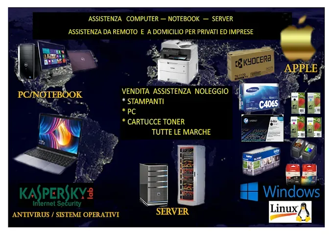Pubblicità per servizi informatici, con loghi di computer, stampanti e software. I servizi includono assistenza remota e in loco.