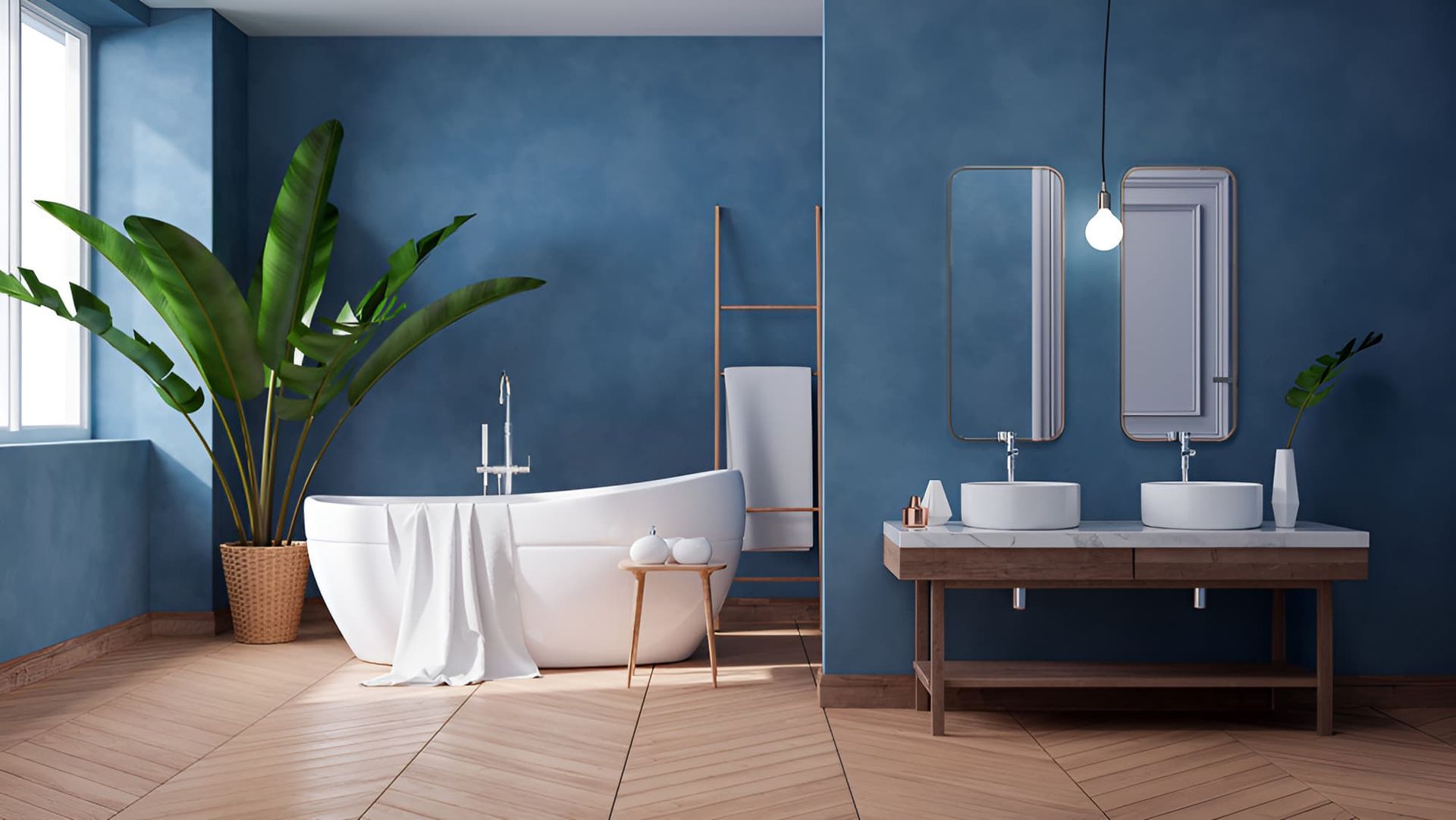 A Bathroom With Blue Walls, a Bathtub, Two Sinks and a Mirror — John Day Plumbing in Marlow Lagoon, NT
