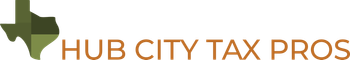 Logo of Hub City Tax Pros with a stylized Texas map in green.