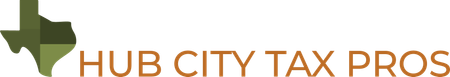 Logo for Hub City Tax Pros with a stylized Texas outline.