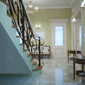 A staircase in a hallway with a wrought iron railing