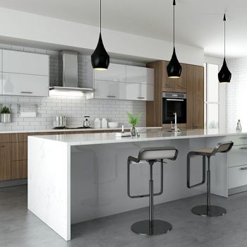 A kitchen with a large island and stools