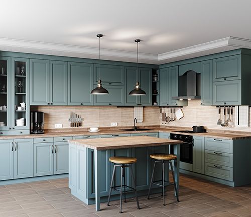 A kitchen with wooden cabinets , stainless steel appliances , and a large island.