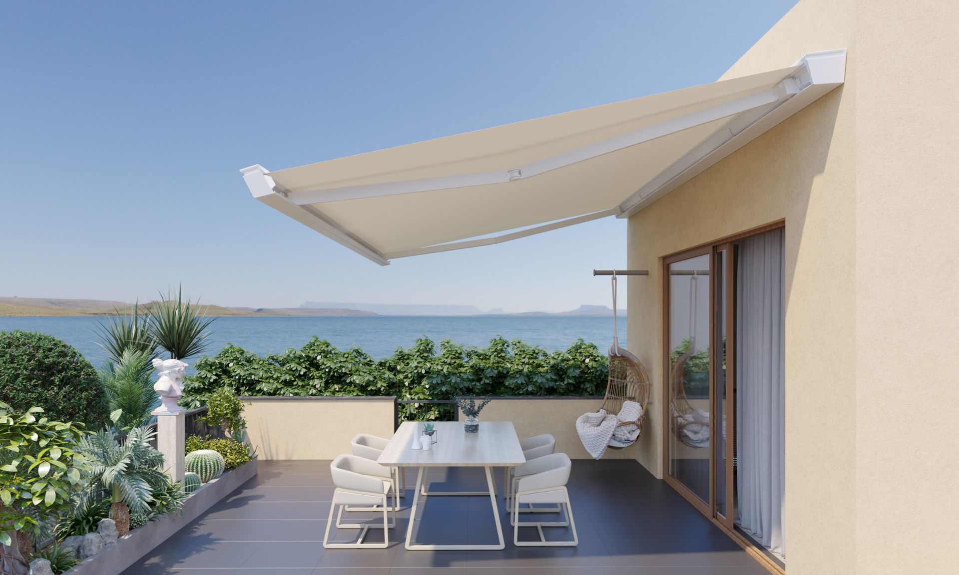 Tenda da sole beige a braccio estensibile