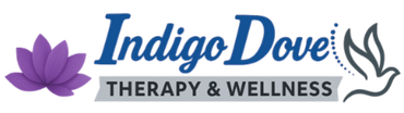 Logo for Indigo Dove Therapy & Wellness: blue, purple gradient text with dove graphic.