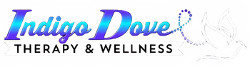 Logo for Indigo Dove Therapy & Wellness: blue, purple gradient text with dove graphic.