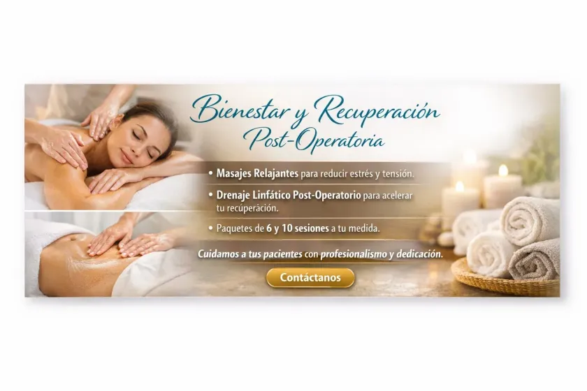 Banner promocional para terapia de relajación en un spa de belleza, con masajes, velas, toallas y tonos beige cálidos.