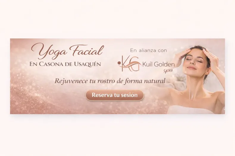 Banner rosa de yoga facial en casa; mujer relajada y botón “Reserva tu sesión”.