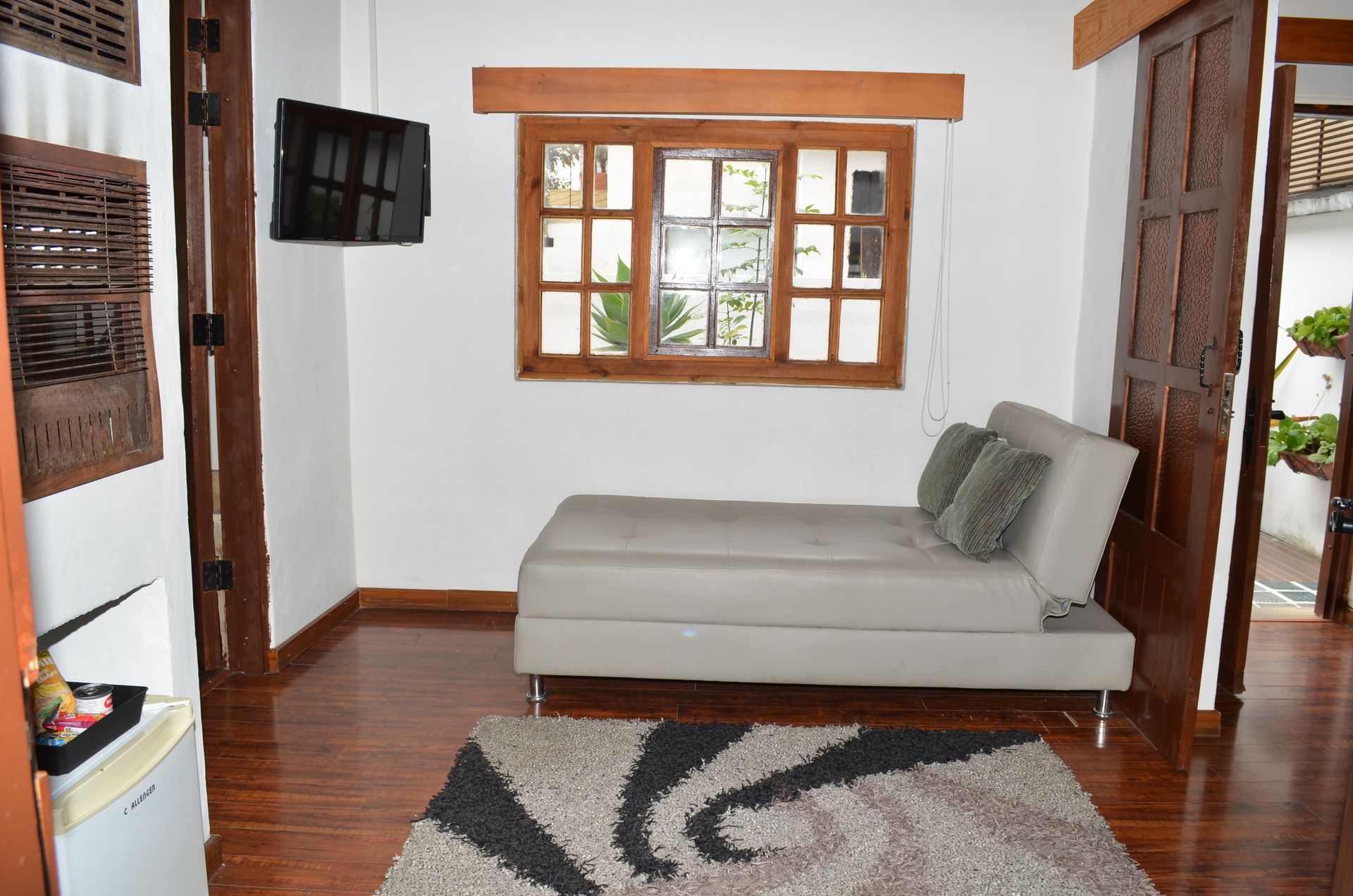 Una habitación pequeña con un sofá cama, ventana, alfombra, televisor y puerta de madera.