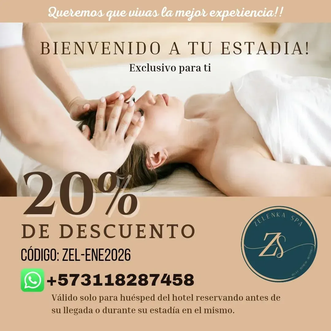 Promoción de spa: Mujer recibiendo masaje, 20% de descuento con el código ZEL-ENE2026. Contacto: +573118287458.