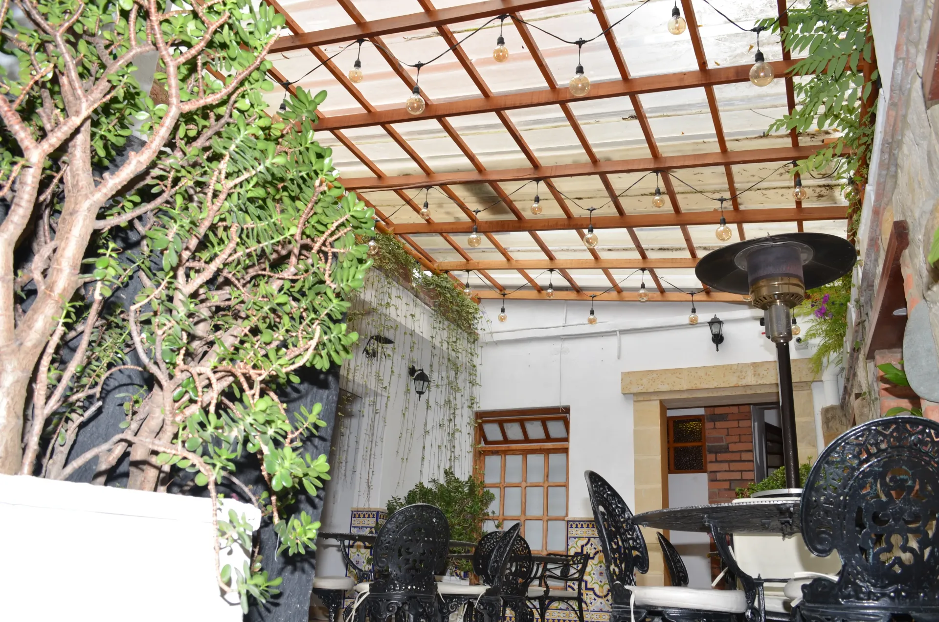 Outdoor patio with black metal furniture, plants, and a canopy roof.