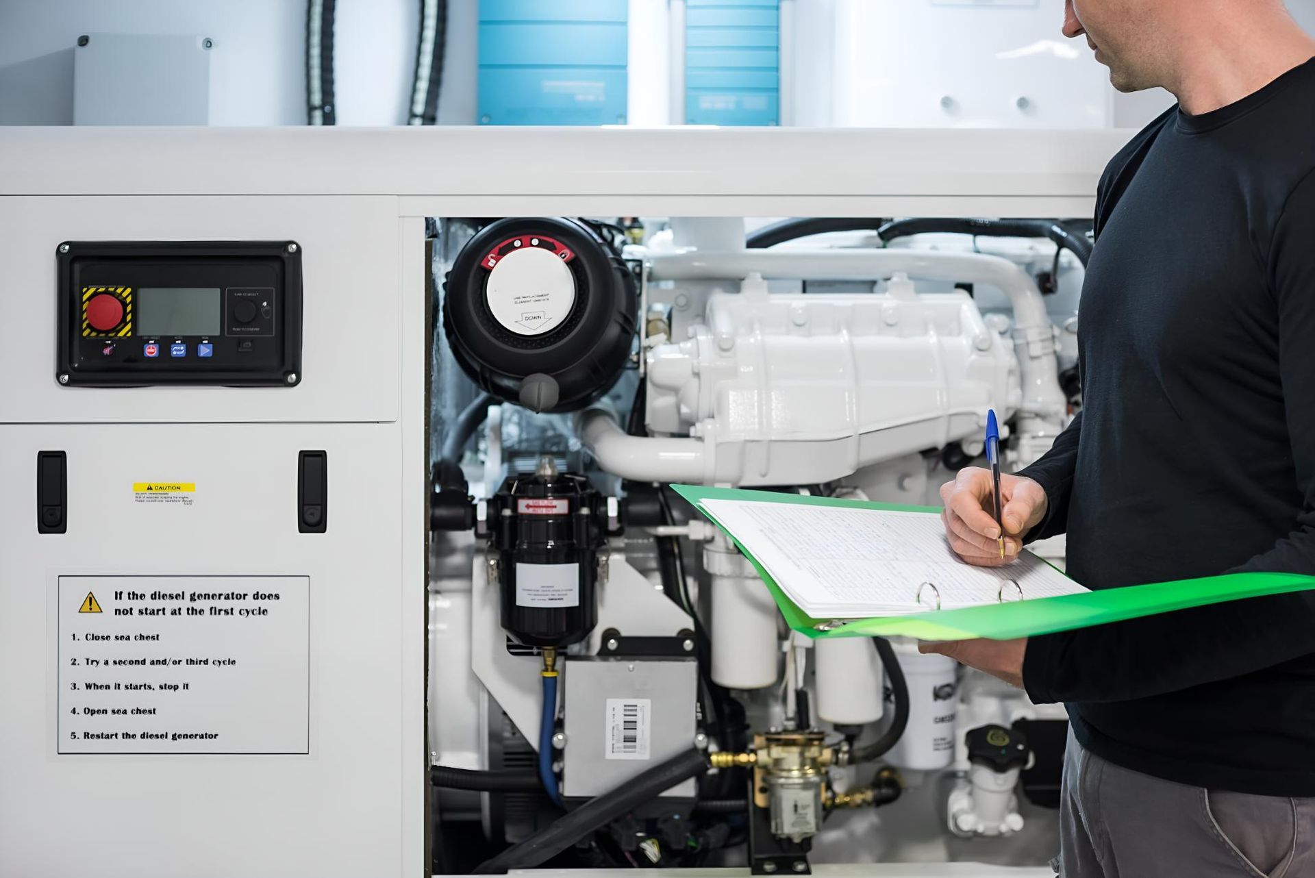 A Man is Writing on a Clipboard in Front of a Machine — Power & Data Support Services In Torres Strait, QLD