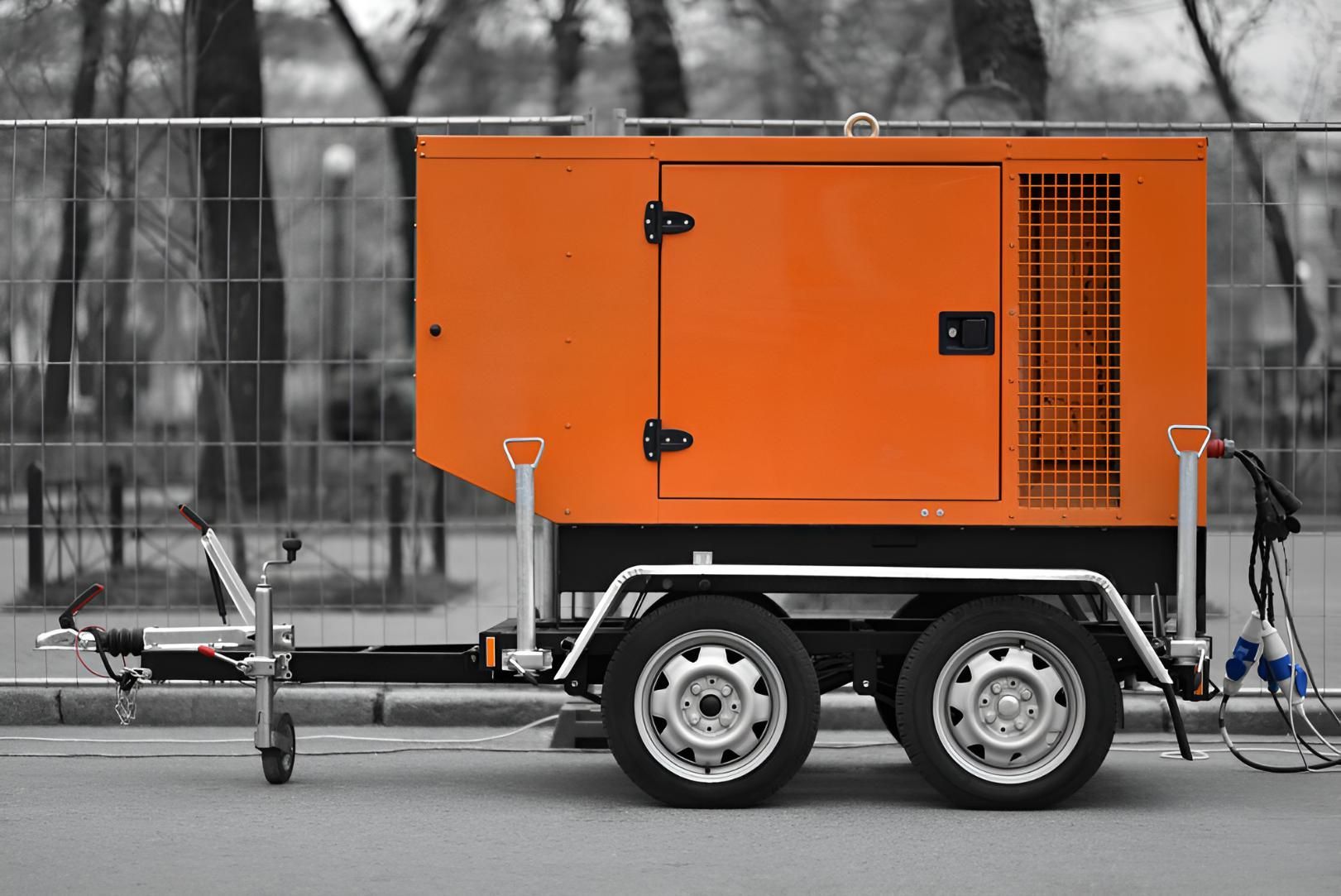 An Orange Generator on a Trailer is Parked on the Side of the Road — Power & Data Support Services In Ingham, QLD