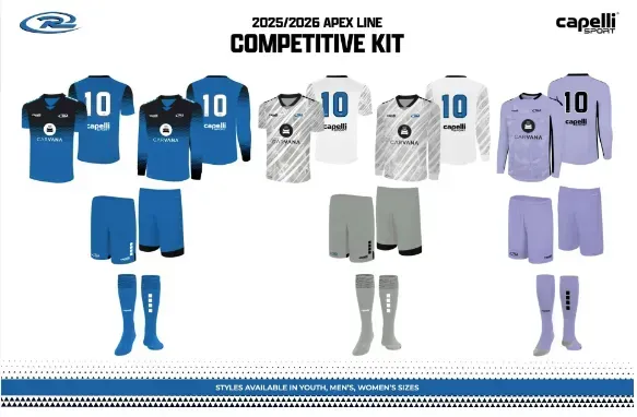 Soccer competitive kit options: blue, white, and purple jerseys, shorts, and socks with Capelli logo.