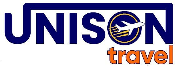 A logo for unison travel with an airplane on it